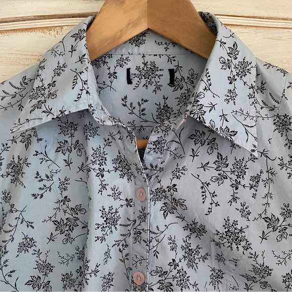 Powder Blue Button Down Shirt with Black Botanical Print XSP - Picture 1 of 9